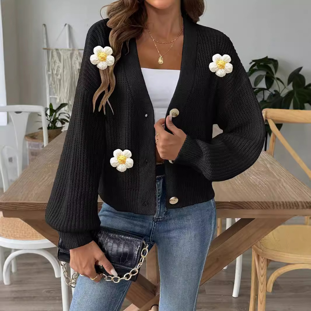 Women's Crochet Floral Spliced Button Cardigan Sweater