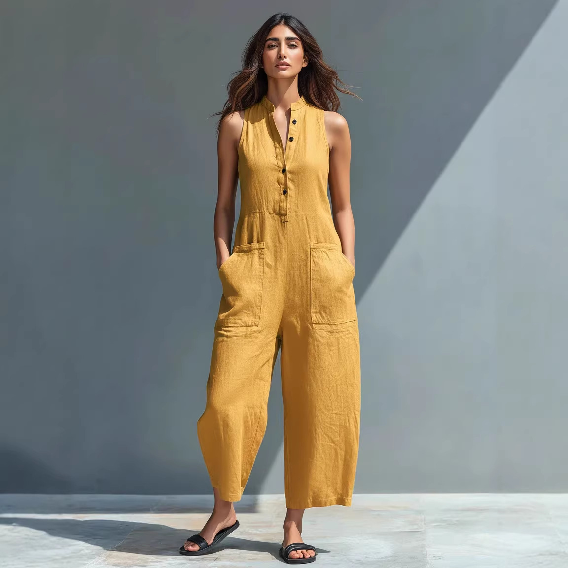 Women's Casual Sleeveless Button-Front Wide-Leg Jumpsuit
