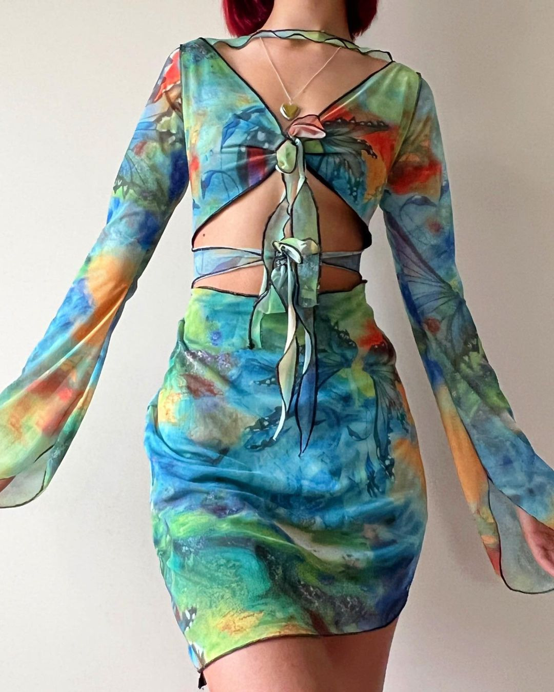 Printed Long-Sleeve Bodycon Tie Y2K Dress