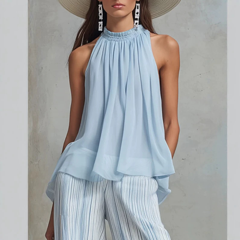 Light Blue Chiffon Sleeveless Top and Striped Wide-Leg Pants Set