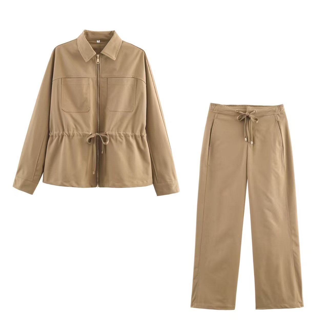 Women's Collared Adjustable Waist Pocket Jacket & Wide-Leg Pants Set