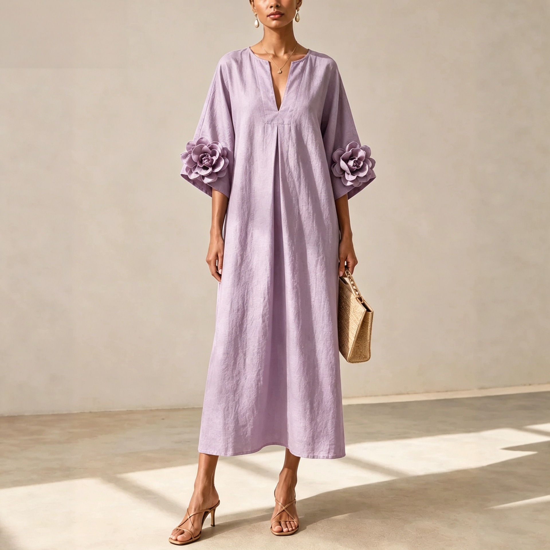 V-Neck Floral Midi Dress with Flared Sleeves