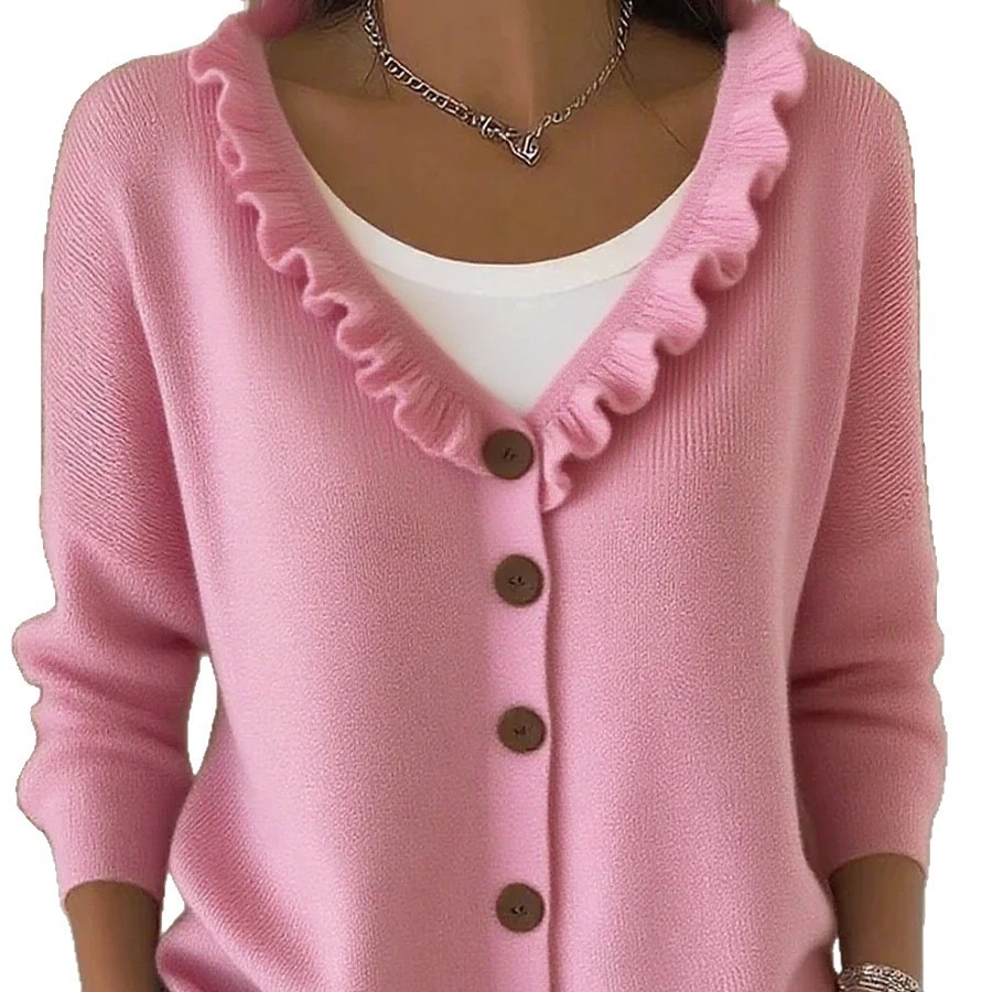 Ruffle Trim V-Neck Knit Cardigan Sweater