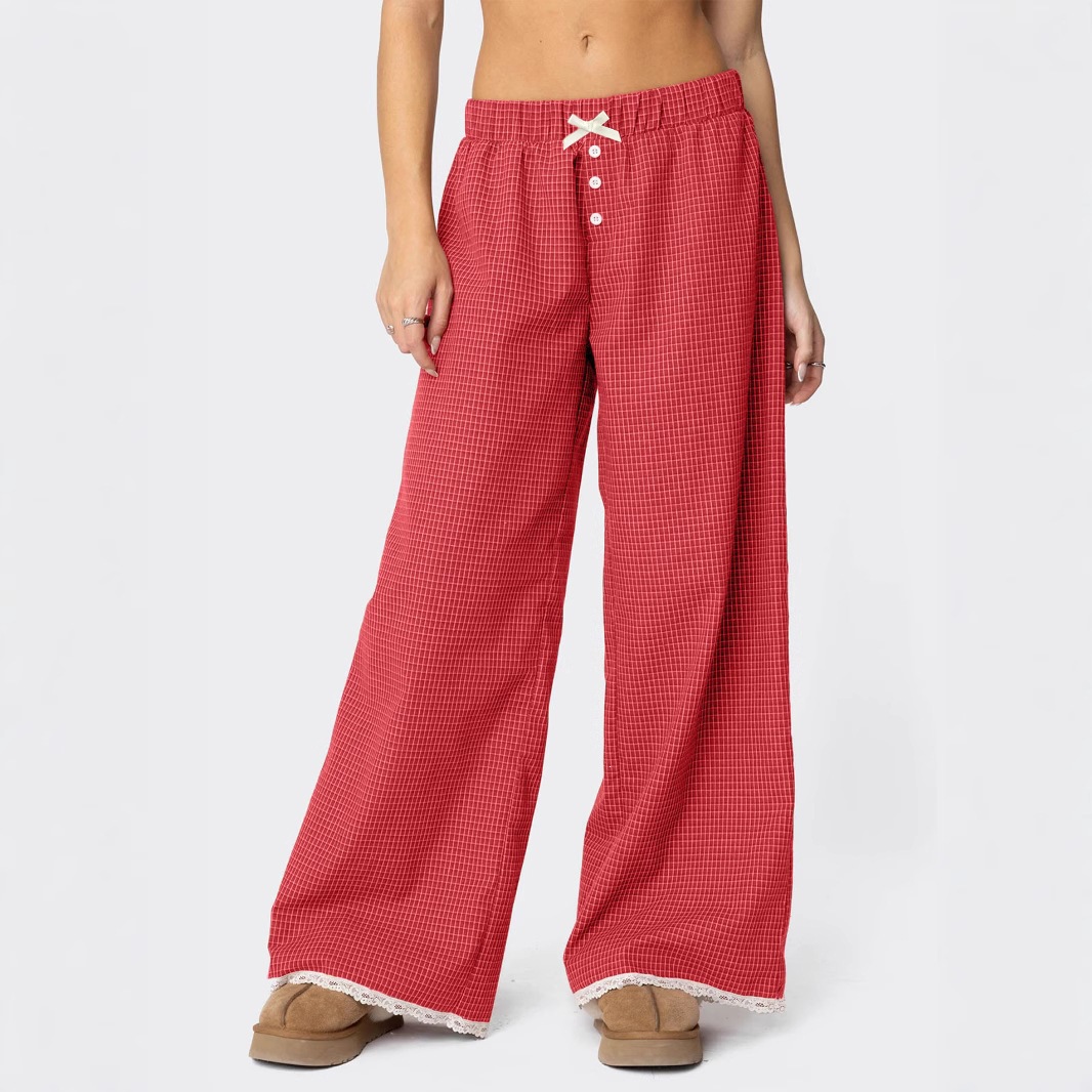 Plaid Print Straight Leg Elastic Waist Lace Trim Pants