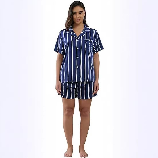 Women's Cuban Collar Satin Striped Print Short Sleeve Shirt Set
