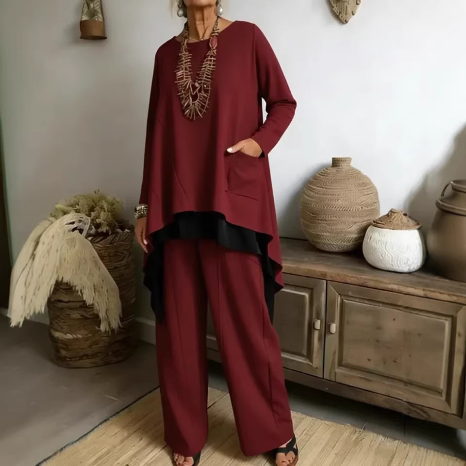 Women's Colorblock Long Hem 2-Piece Knit Sweater and Pants Set