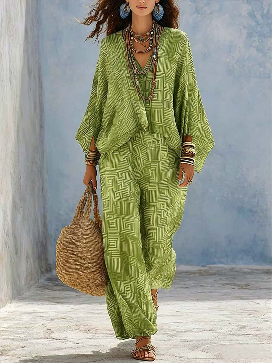 V-Neck Textured Two-Piece Lounge Set