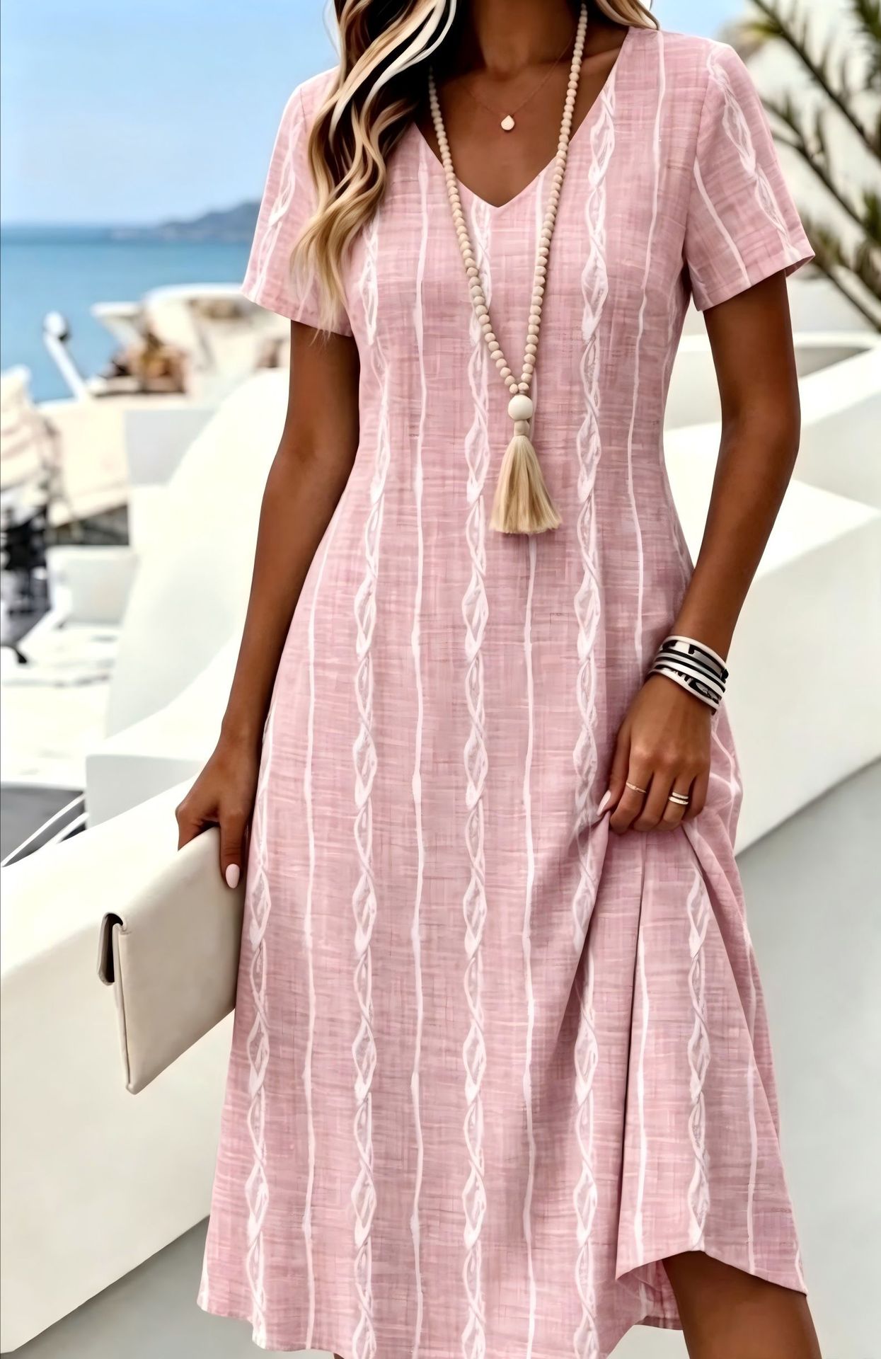 Women's Floral Print Casual Midi Dress Short Sleeve Deep V-Neck Slim Fit