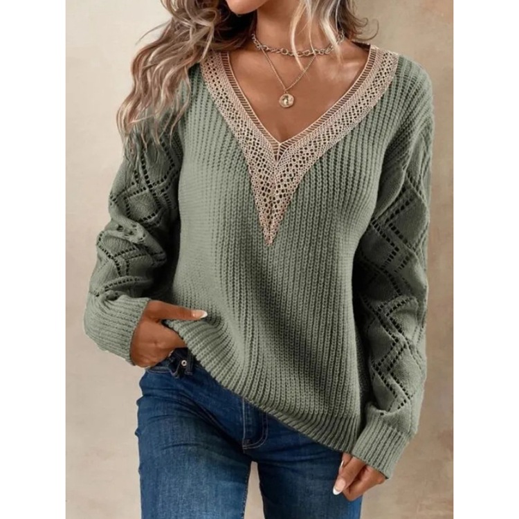 V-Neck Loose Knit Sweater for Women Casual Pullover