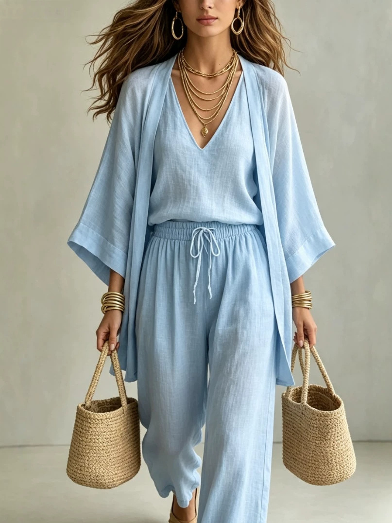 Cotton-Linen Shawl Vest & Pants 3-Piece Set