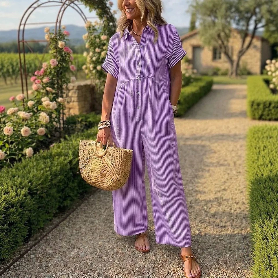 Striped Collared Button-Front Wide-Leg Jumpsuit for Women Summer Vacation