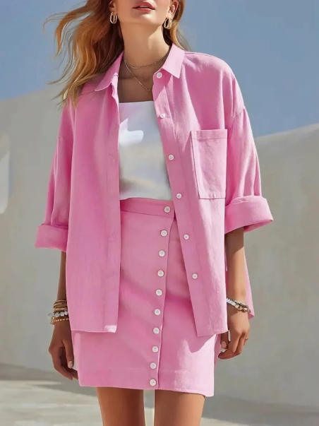 Women's Collared Long Sleeve Shirt and Button Skirt Linen-Blend Two-Piece Set