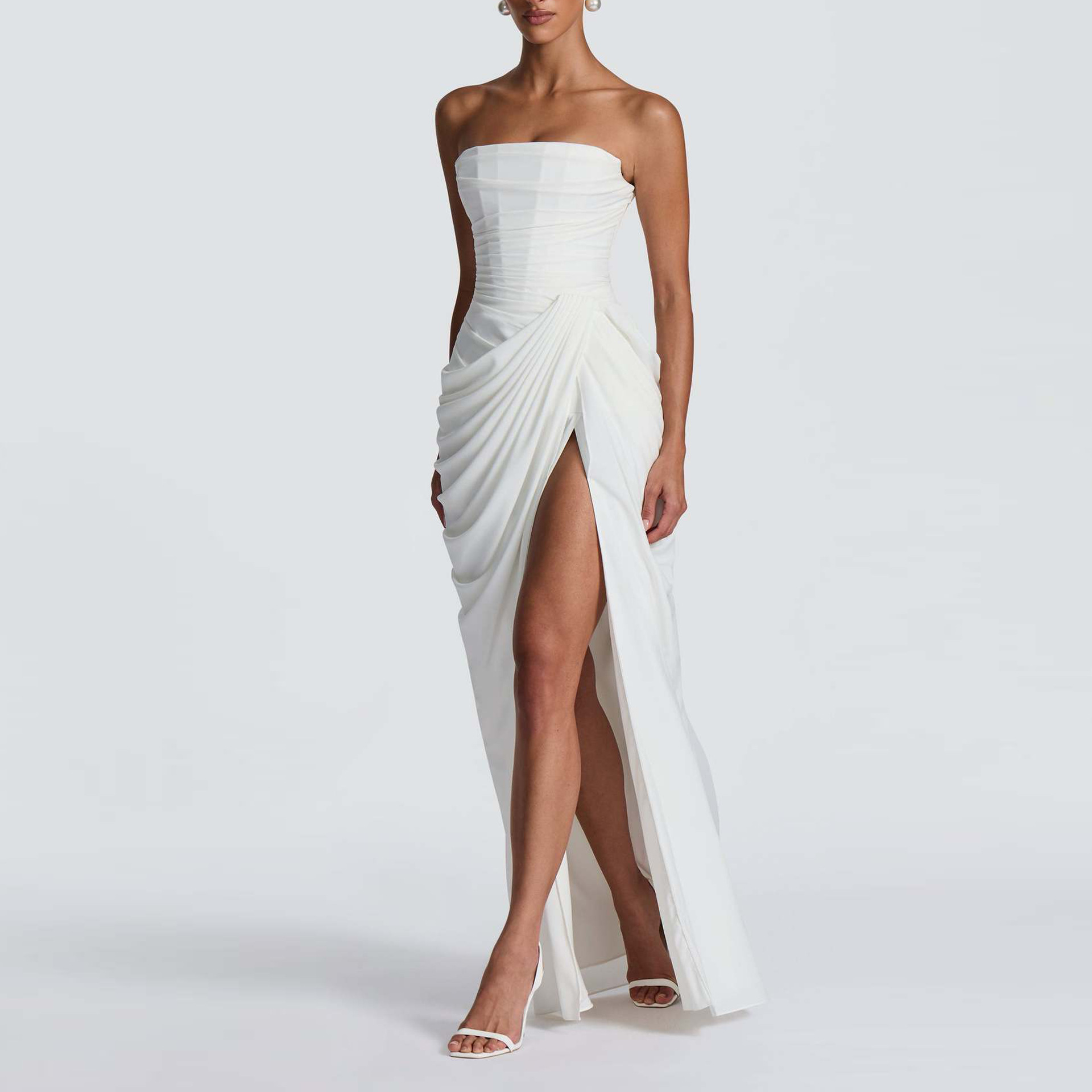 Elegant Solid Strapless High-Slit Long Dress