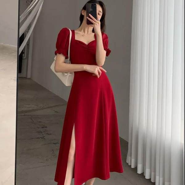 Women's Square Neck Puff Sleeve A-Line Midi Dress with Slit