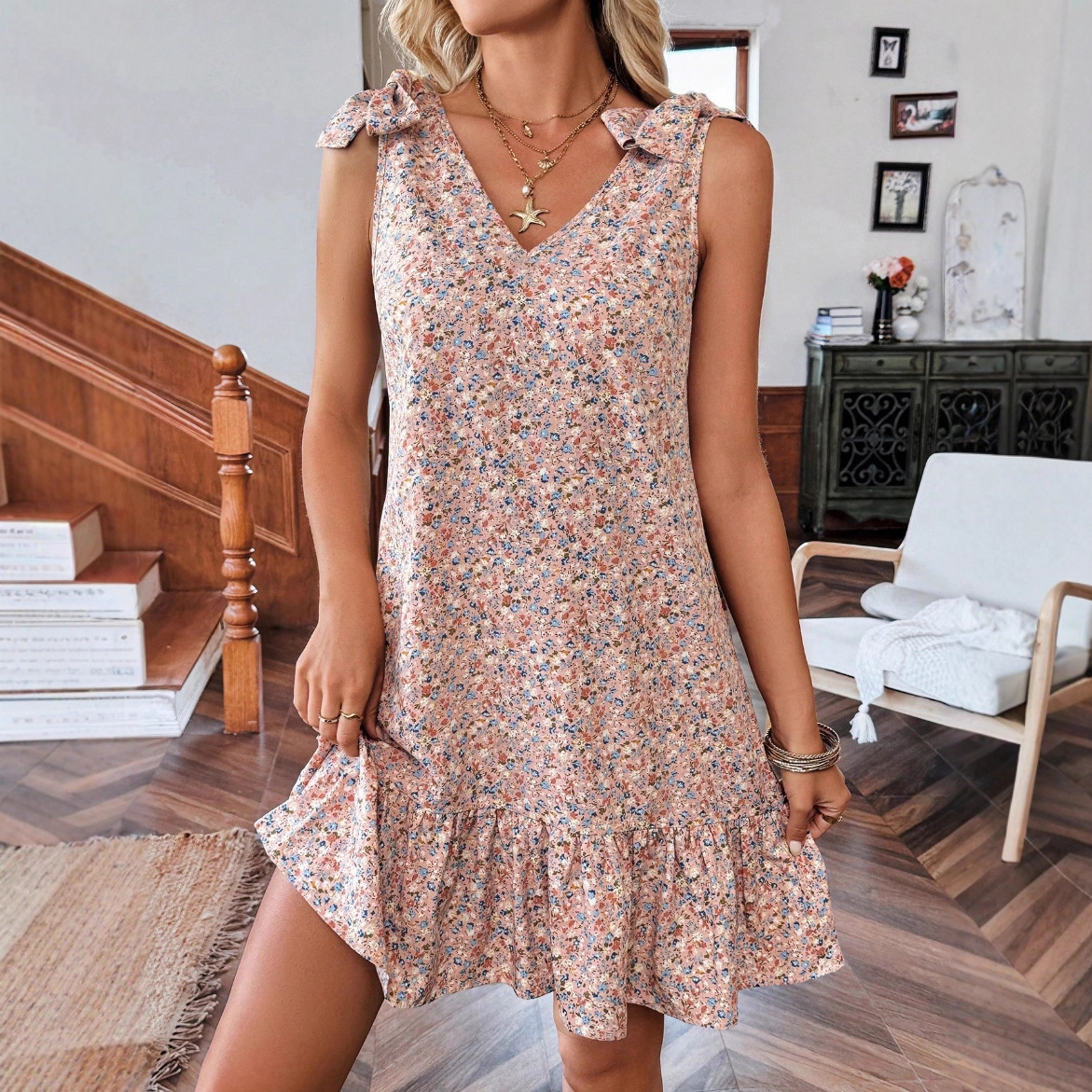 V-Neck Bow Floral Cami Dress Sleeveless Midi