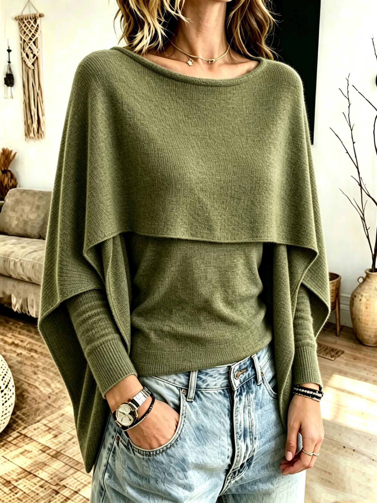 Women's Faux-Layer Cape-Sleeve Knit Sweater, Solid Color Loose Fit