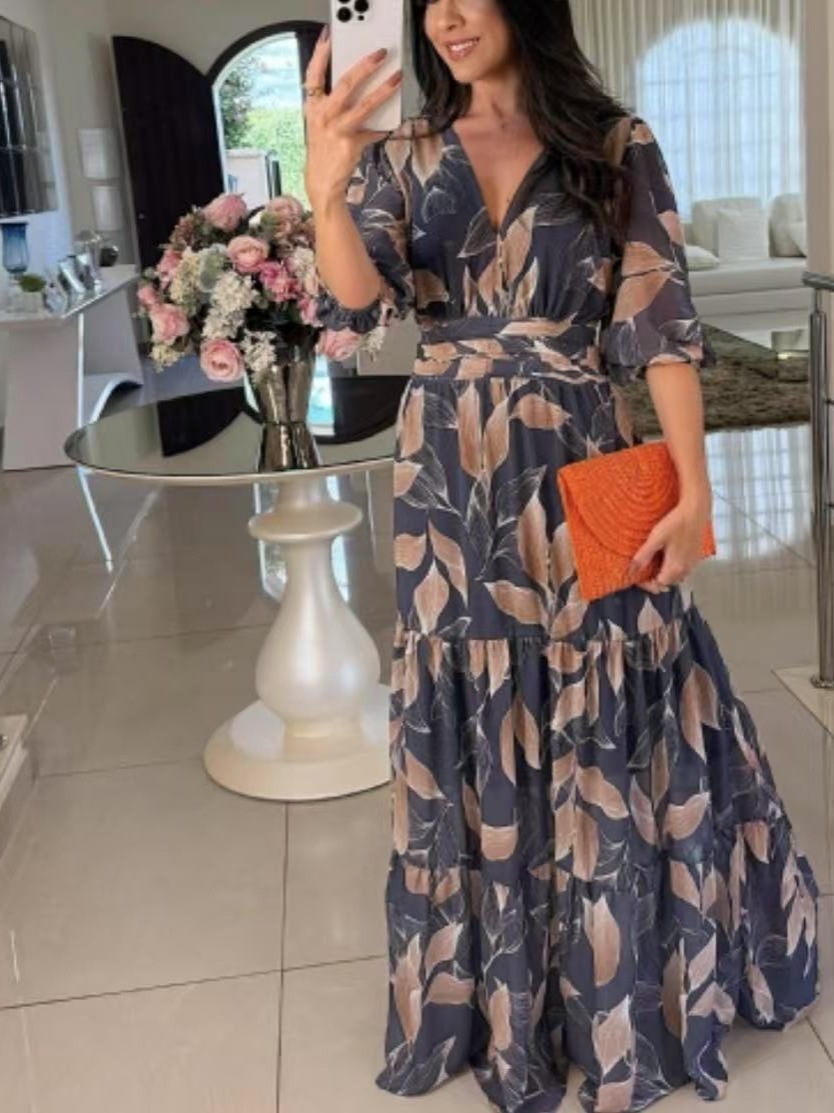 Women's V-Neck Floral Print Long Dress with Lantern Sleeves