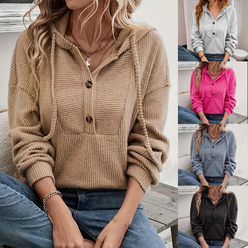 Women's Ribbed Hooded Sweatshirt Drop Shoulder Long Sleeve Pullover