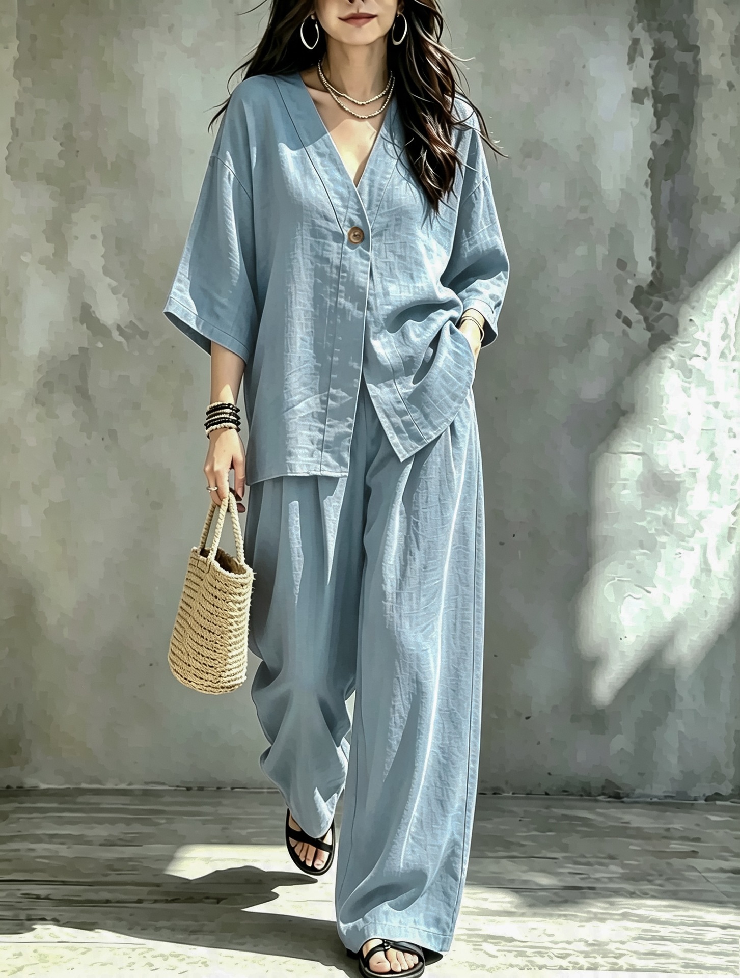 Women's V-Neck One-Button Loose Long-Sleeve Top & High-Waist Suit Pants Two-Piece Set