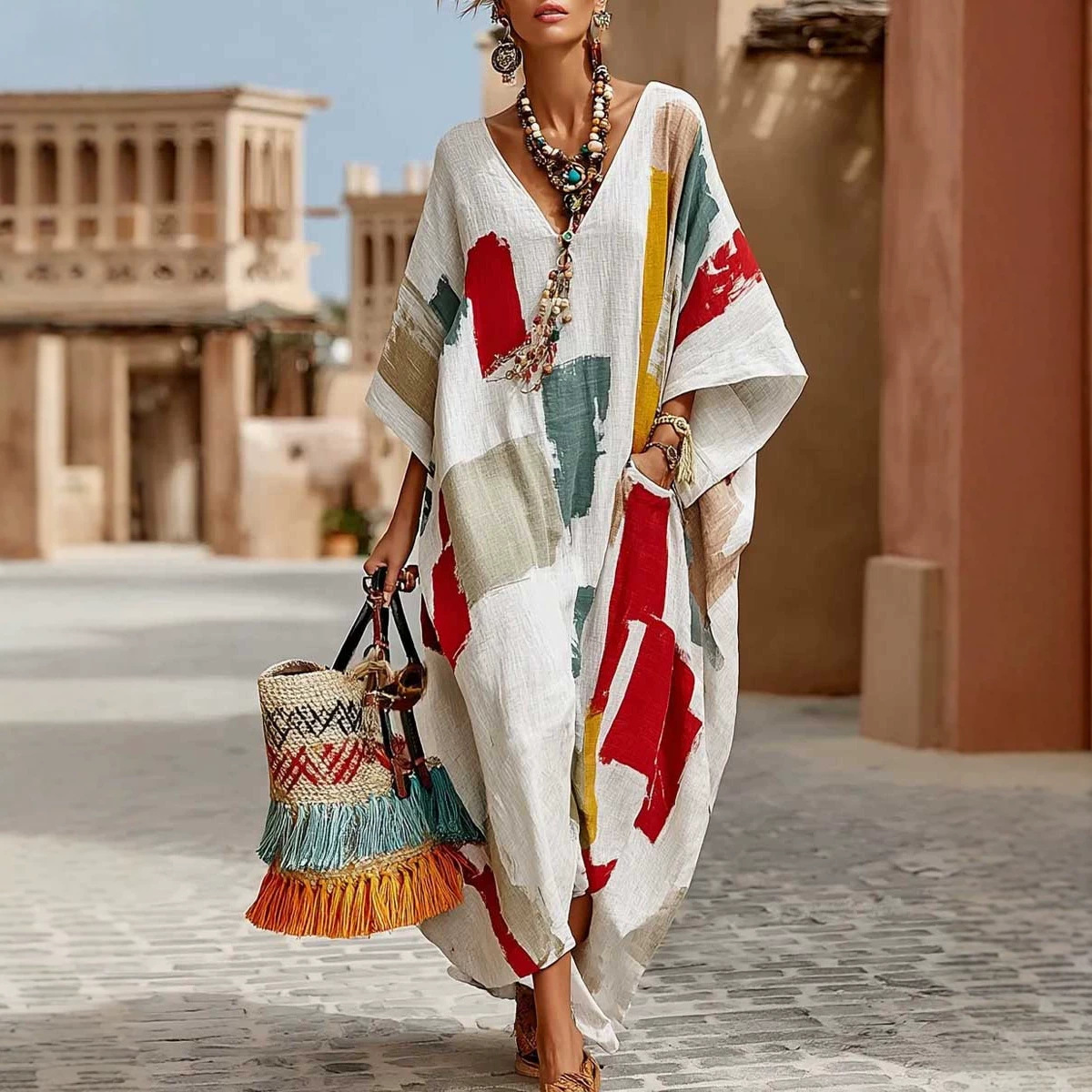 Women's Boho Ethnic Print A-Line Dress with Pockets