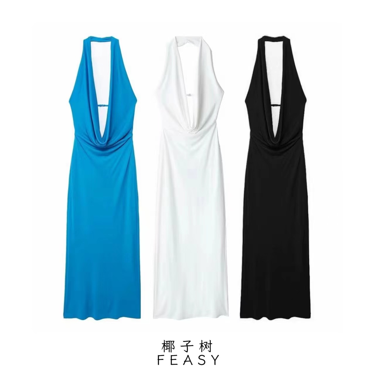 Women's Ruched Halter Neck Bodycon Midi Dress