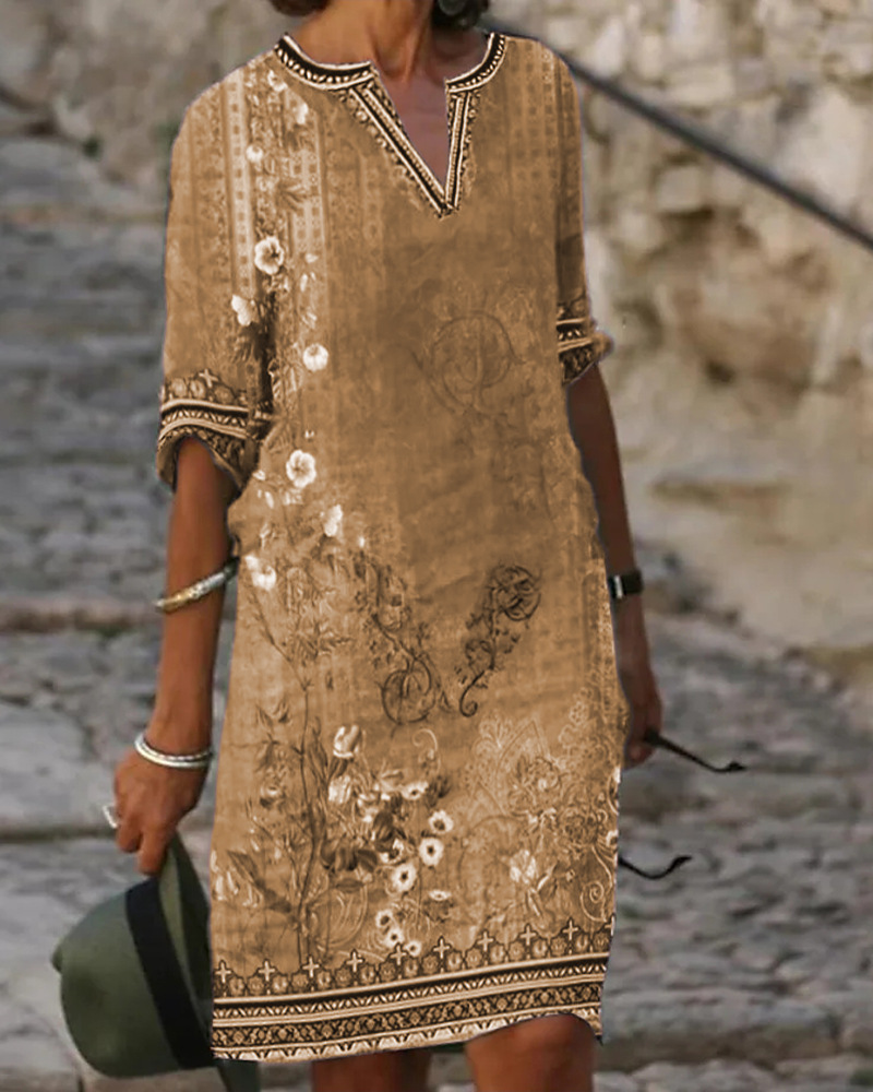 Women's Ethnic Floral Print V-Neck Casual Long Dress
