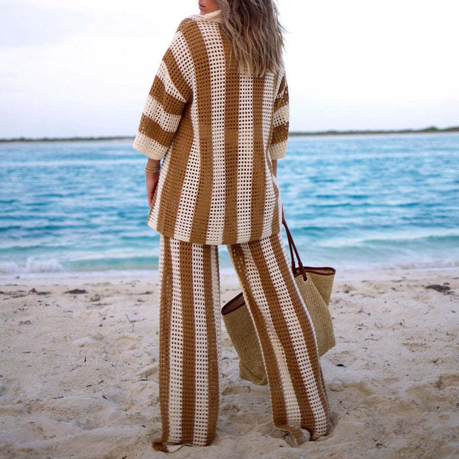 V-Neck Hollow-Out Striped Shirt and Wide-Leg Knit Pants Set