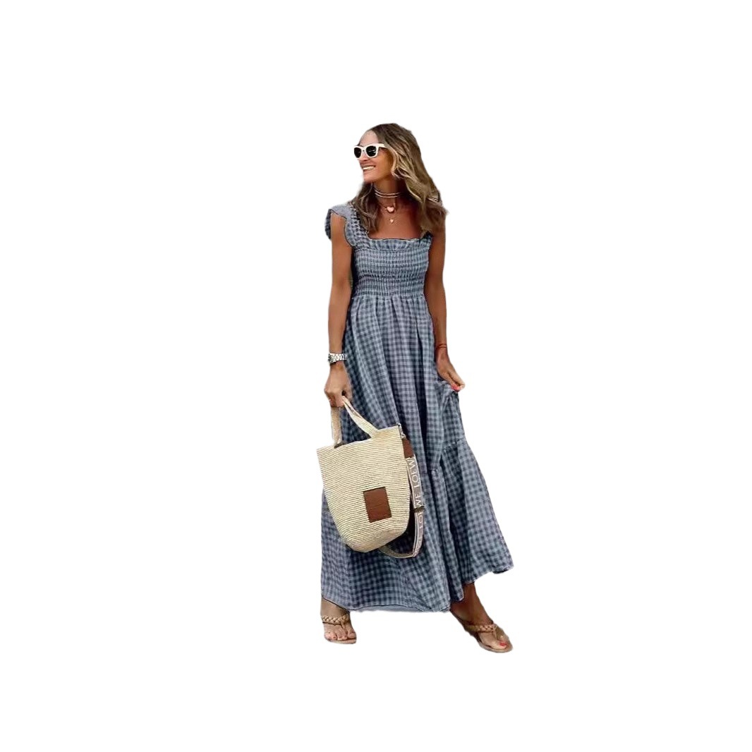 Plaid Patchwork Sleeveless Maxi Dress with Elastic Waist