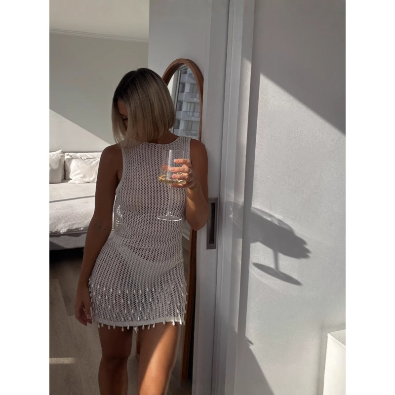 Women's Fringe Beaded Halter Beach Cover-Up Hollow Knit Top