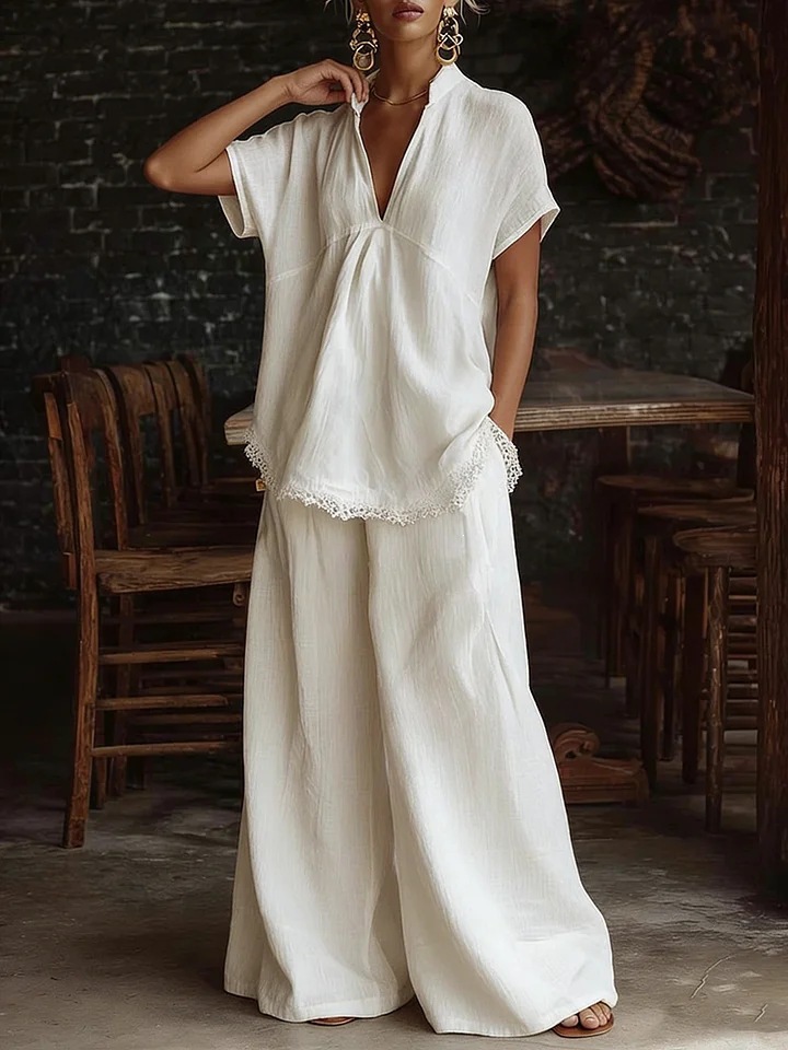 Women's Linen-Blend Short-Sleeve Shirt & Wide-Leg Pants Two-Piece Set