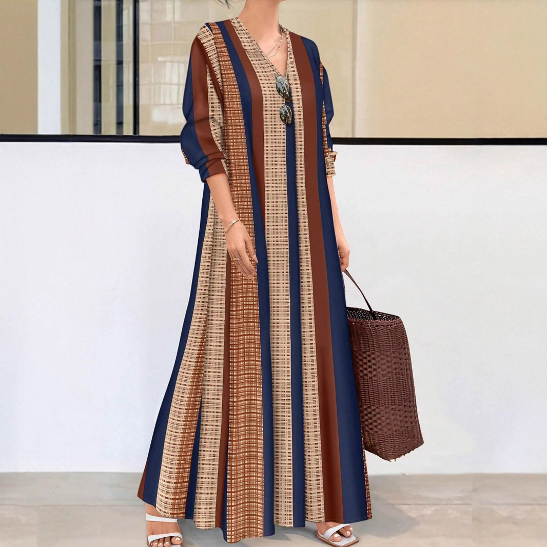 Striped V-Neck Long Sleeve A-Line Maxi Dress in Camel