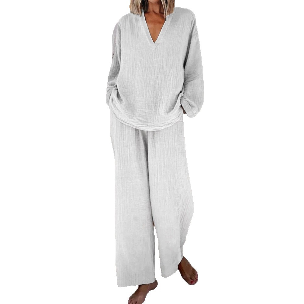 Women's Casual V-Neck Long-Sleeve Top and Pocket Pants Set