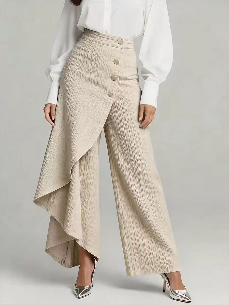 Women's Wide-Leg Faux Denim Print Pants with Button Fly