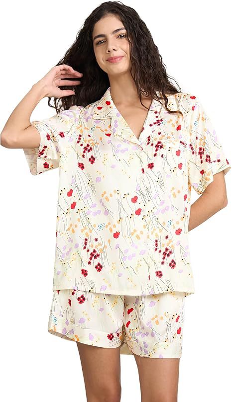 Women's Cuban Collar Satin Striped Print Short Sleeve Shirt Set