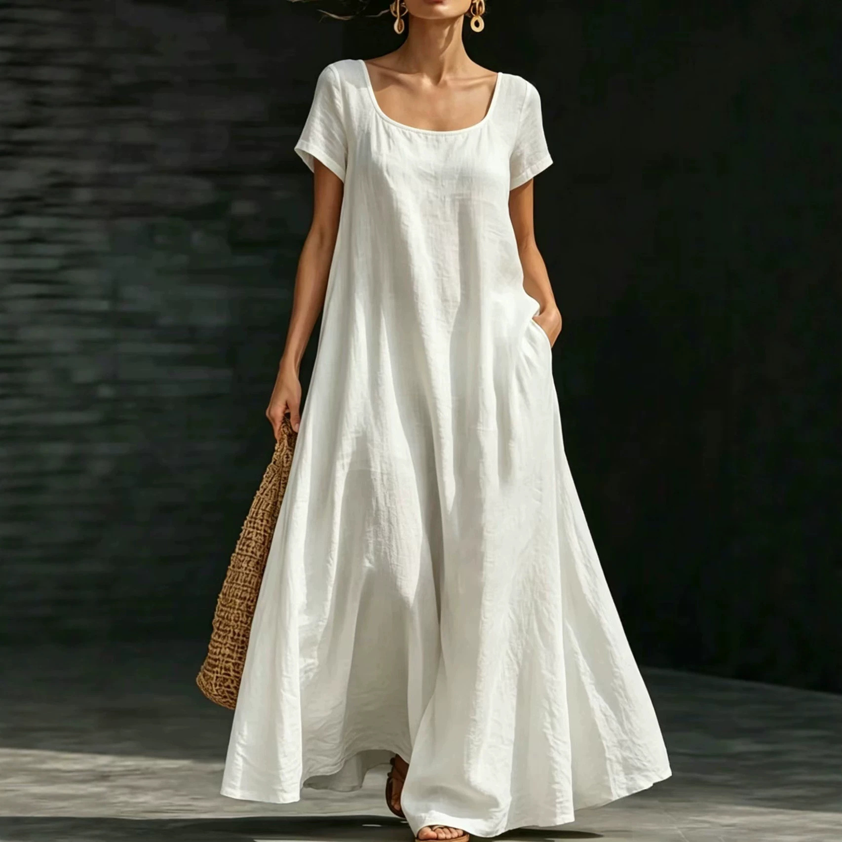 Summer U-Neck Short Sleeve Loose Fit Maxi Dress Solid Casual