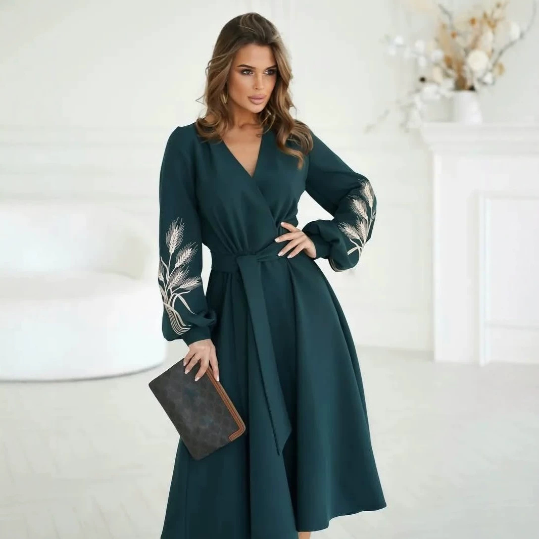 Women's Deep V-Neck Long Sleeve Printed Tie-Waist Maxi Dress