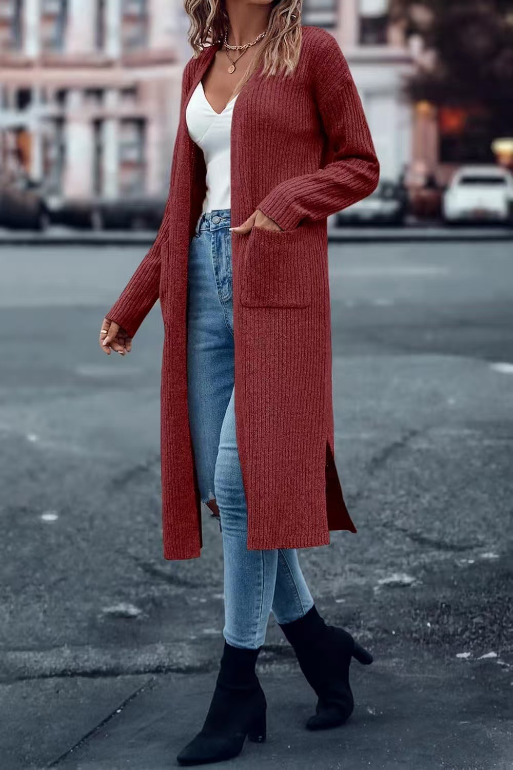 Long Slit Lazy Style Pocket Cardigan Sweater Women's Loose Knit Coat