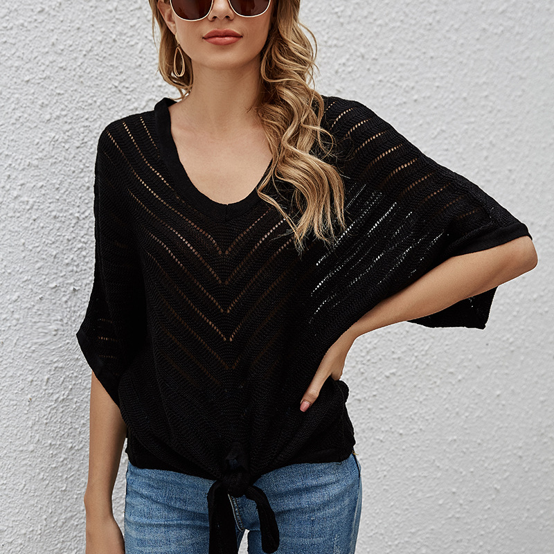 Women's V-Neck Short Sleeve Batwing Top Tie-Front Lightweight Hollow Knit