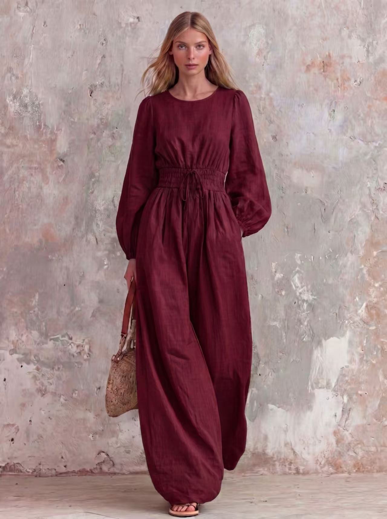 Women's Casual Vintage Solid Color Waist-Defining Smocked Jumpsuit