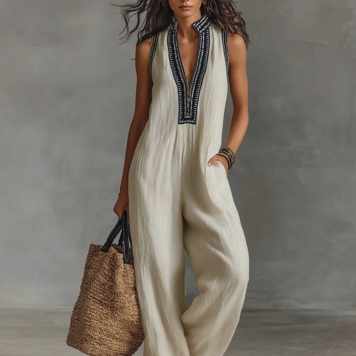 Women's Sleeveless Jumpsuit with Zip and Stand Collar