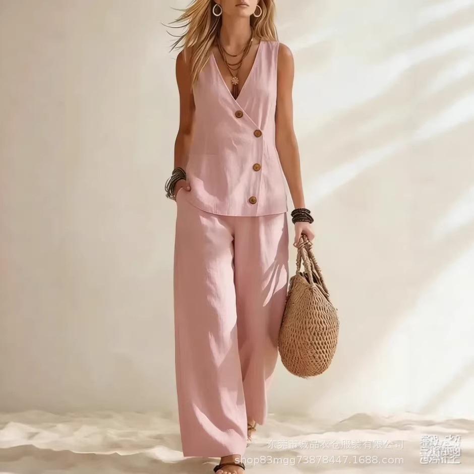 Women's Summer Cotton-Linen Button Cardigan & Pants Set Casual Vacation Solid Color