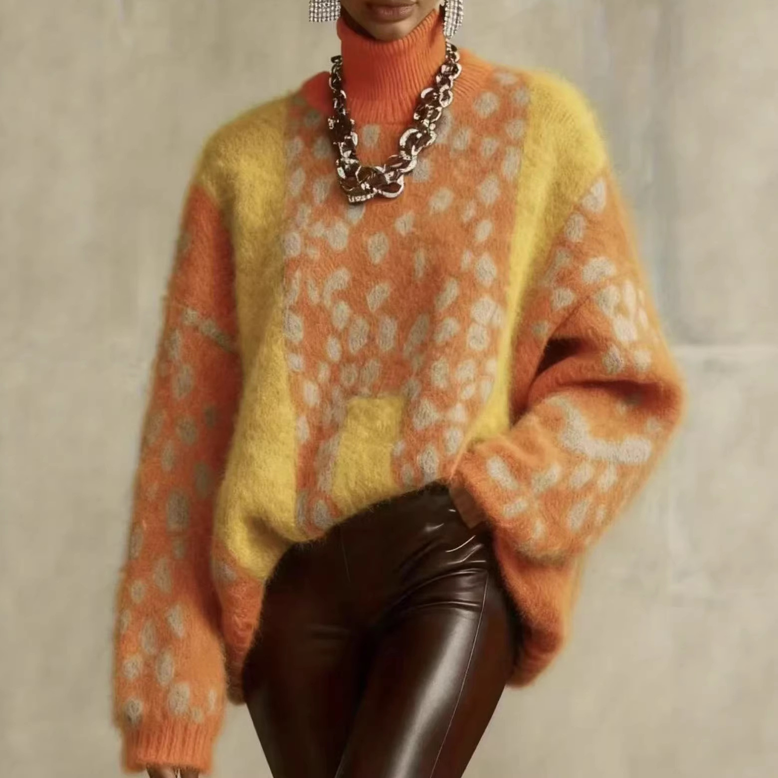 Leopard Print Knit Sweater Women's Loose High Neck Pullover