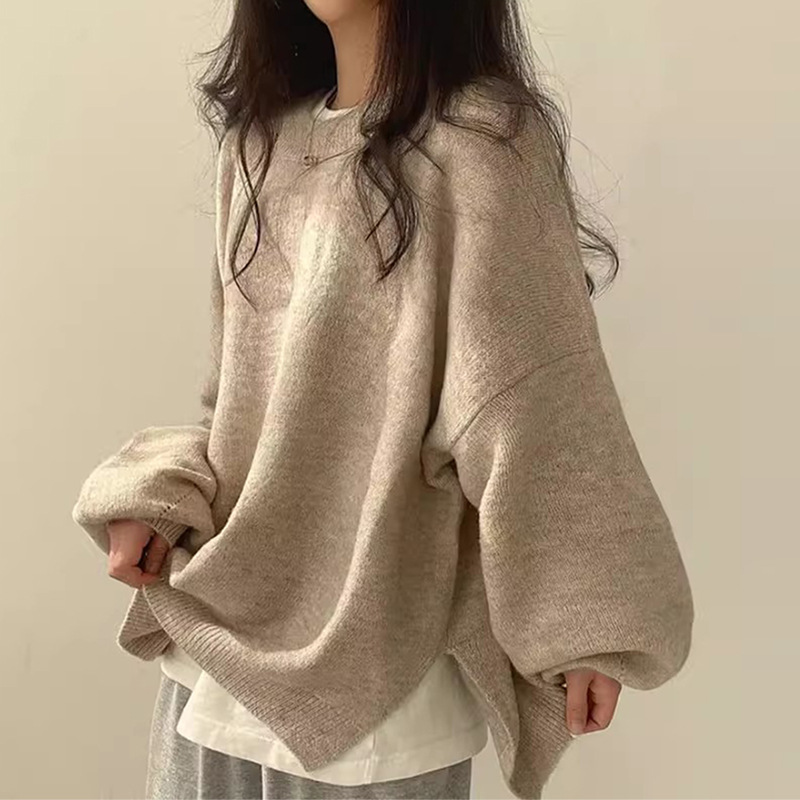Korean Chic Lazy Style Round Neck Side Slit Loose Knit Sweater