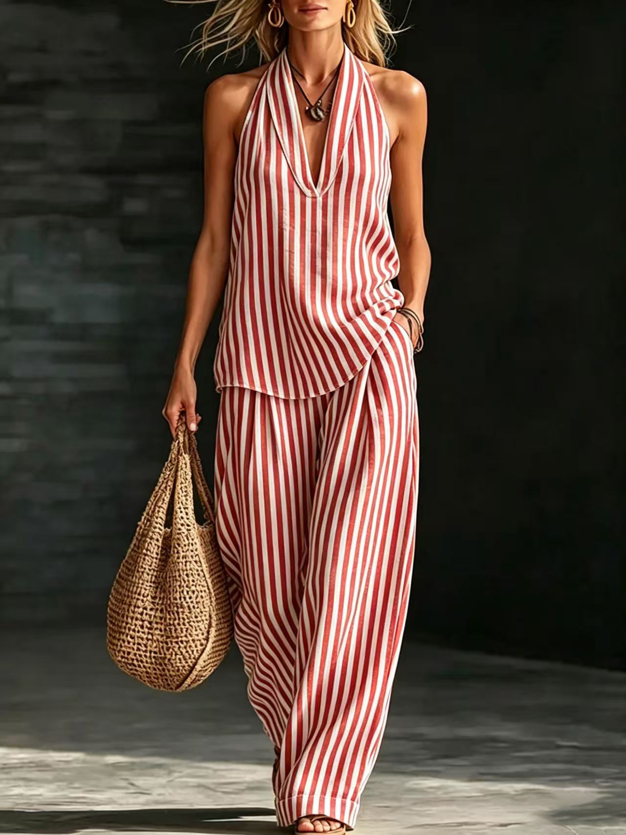 Striped Halter V-Neck Sleeveless Casual Two-Piece Pants Set