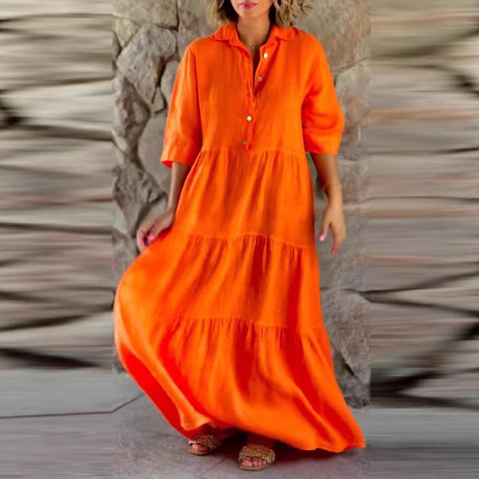 Solid Color Collared Long Sleeve Button Loose Dress