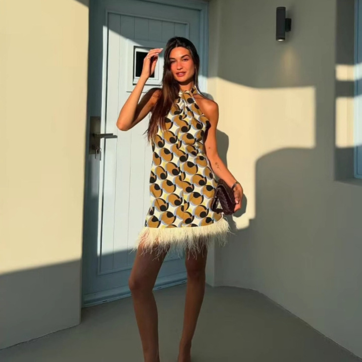 Feather Trim Geometric Print Halter Dress