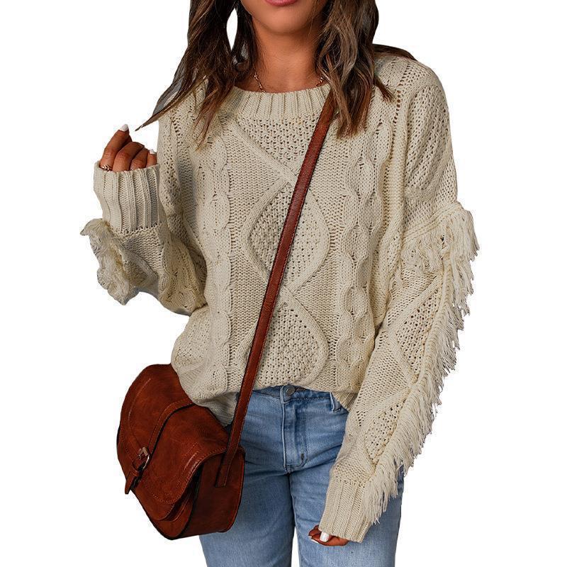 Women's Loose Diamond Quilted Fringe Pullover Sweater