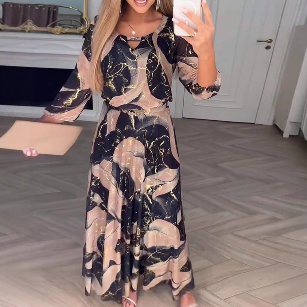 Elegant Floral Print Seven-Sleeve Waist-Cinched Dress