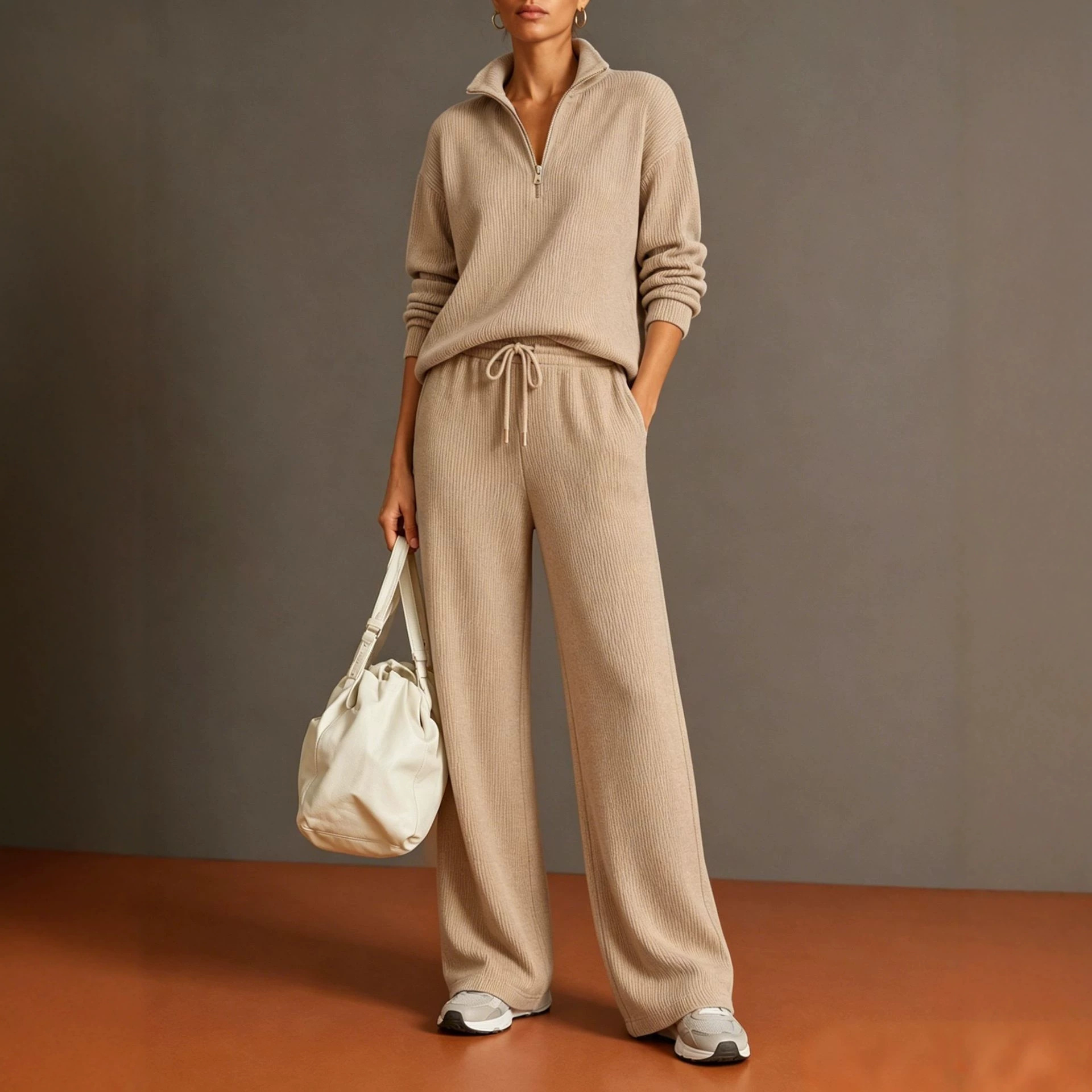 2026 Amazon Cross-Border New Fall/Winter Women's Tracksuit Half-Turtleneck Zip Hoodie Wide-Leg Pants Set for Women
