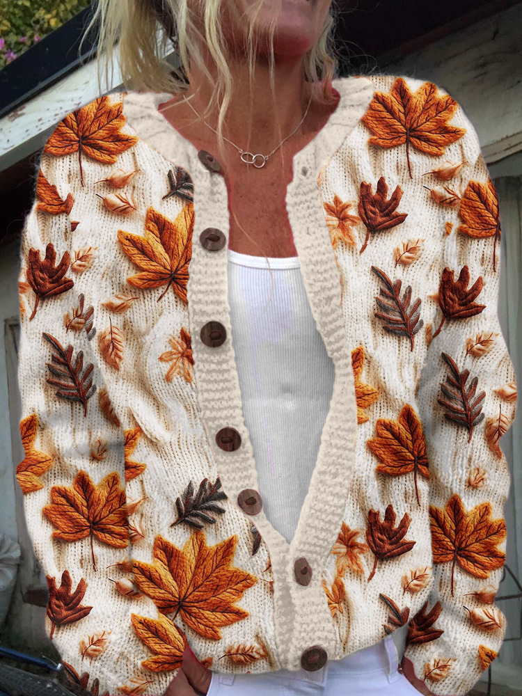 Women's Daisy Maple Leaf Floral Print Button Cardigan